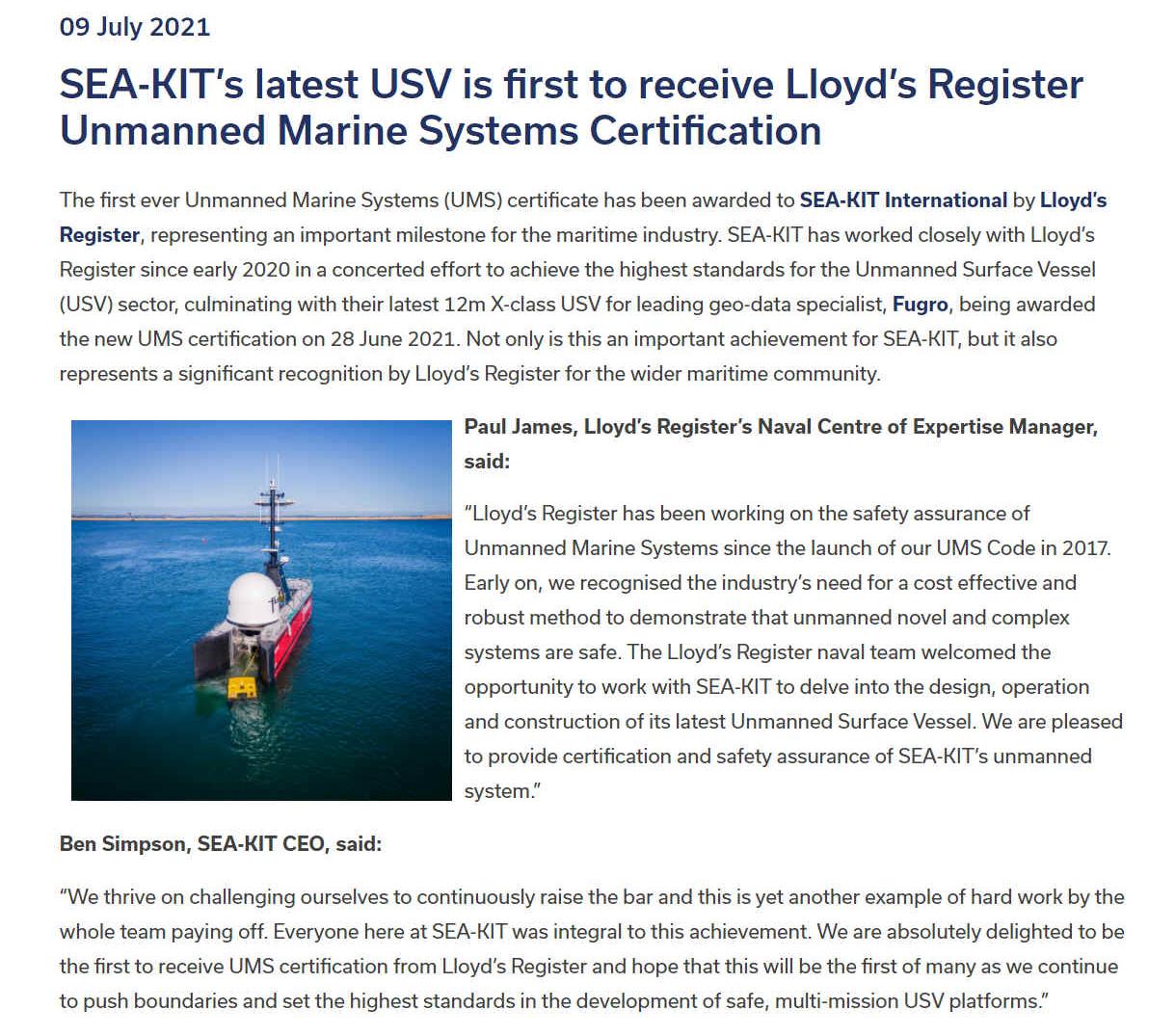 SMI, Society of Maritime Industries: Lloyd's Certificate for unmanned marine systems
