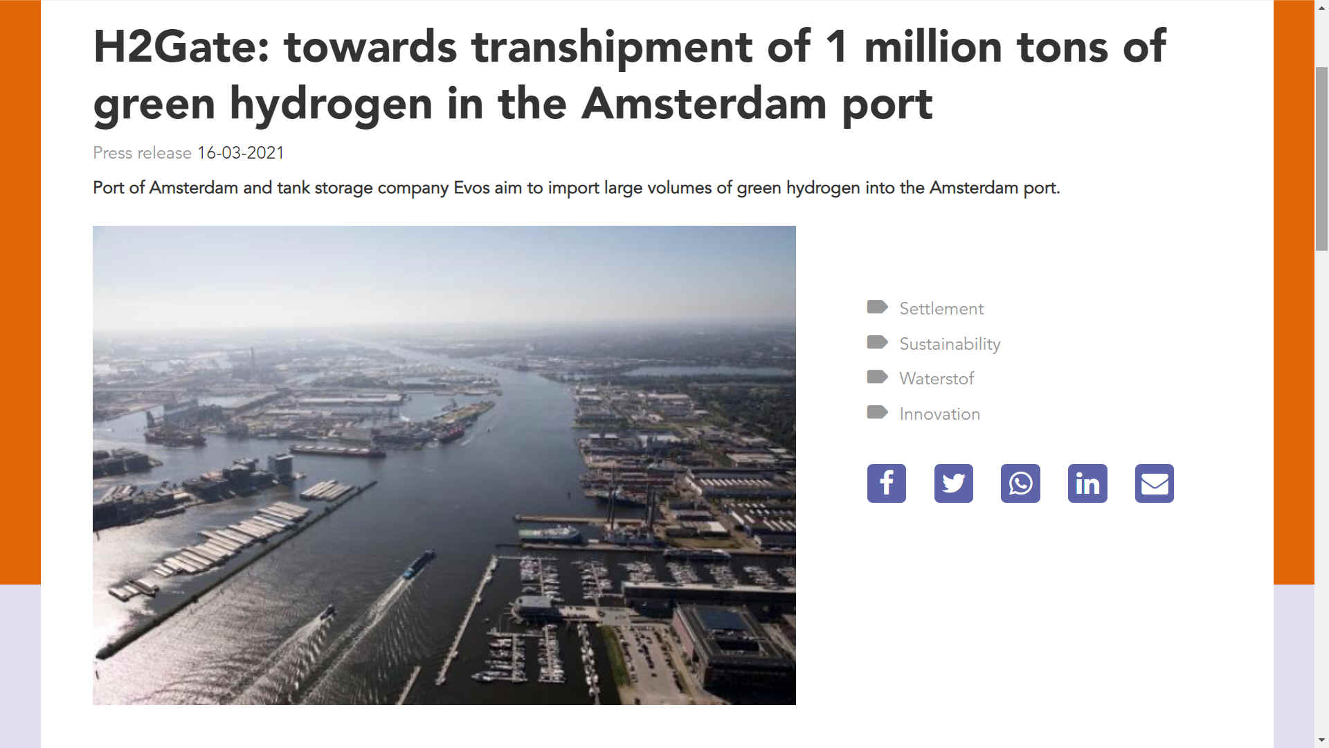 H2Gate: Amsterdam port to transip 1 million tons of green hydrogen