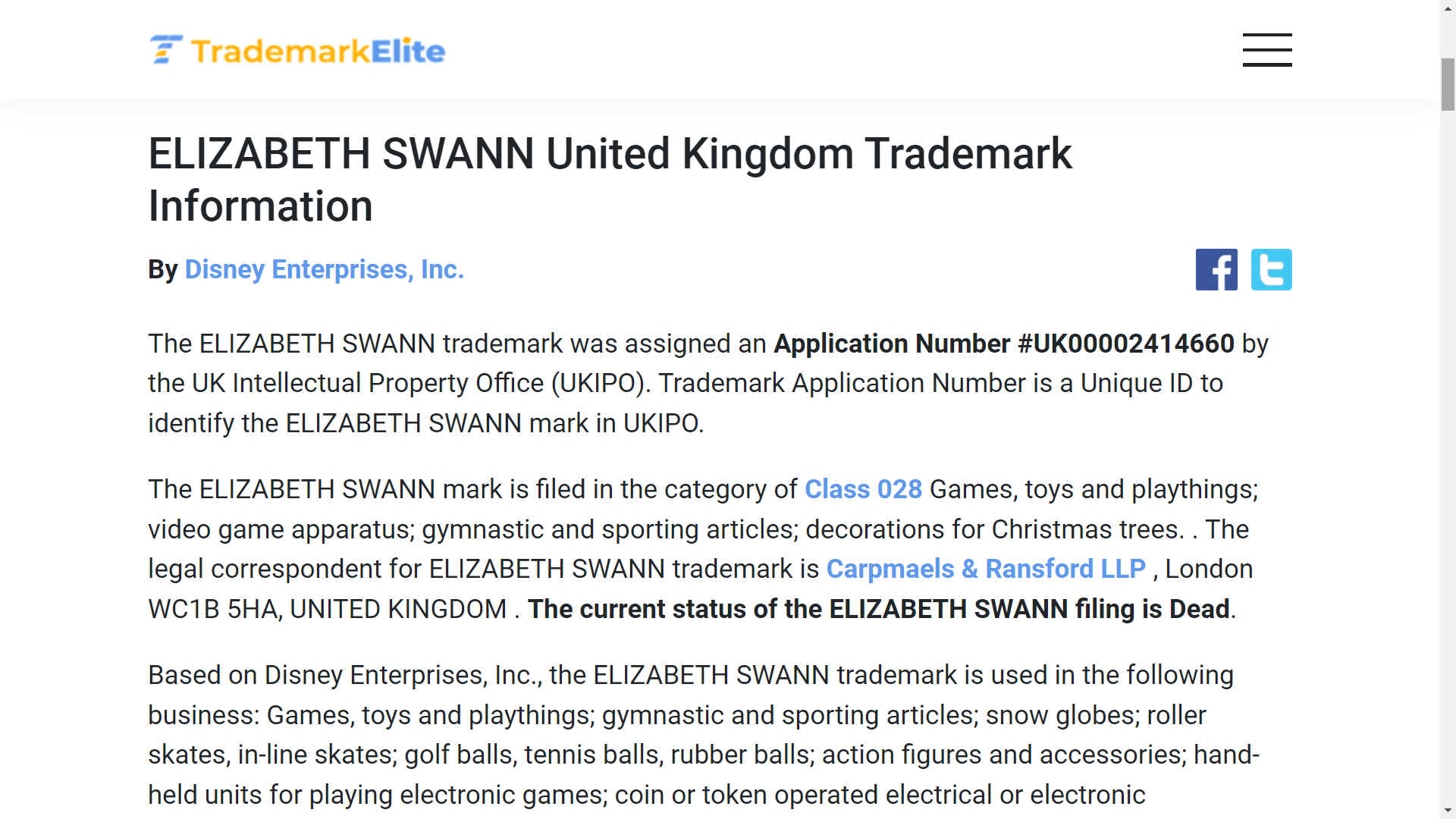 Elizabeth Swann UKIPO trademark expired Walt Disney Enterprises Inc., Hollywood film company