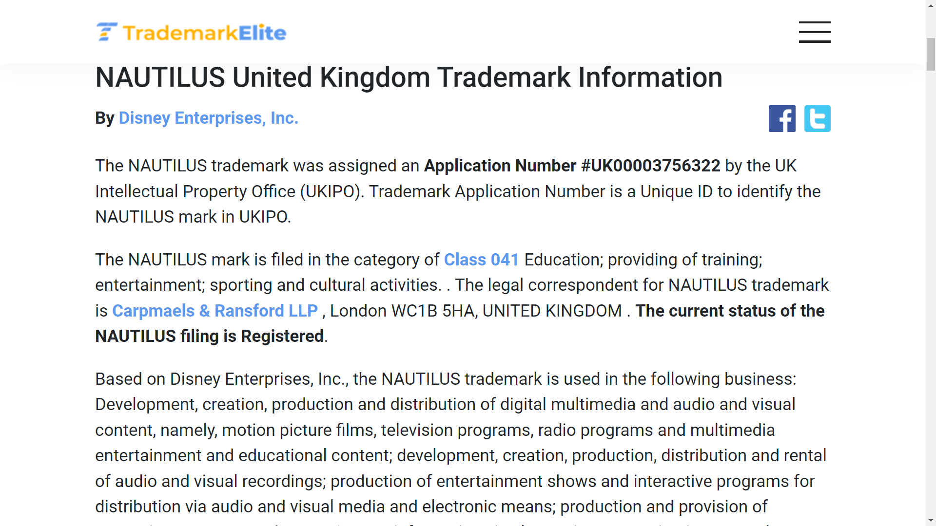 Nautilus trade mark, Disney Enterprises Inc. UKIPO 00003756322 films digital media