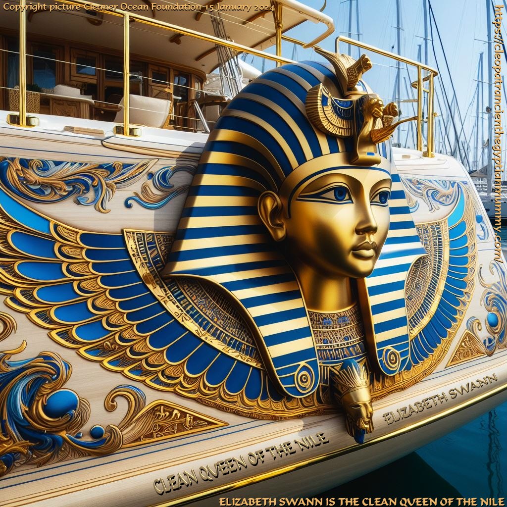 The Elizabeth Swann will be a technology showcase. The ship is also to be used for filmwork, in and around Egypt, to include the River Nile. The prow on the Elizabeth Swann could feature the Cleopatra figurehead, and the stern could be adorned with relief's and an Egyptian styled mask in gold including the famous blue enamel, the artwork for which could be something like, or based on that above.