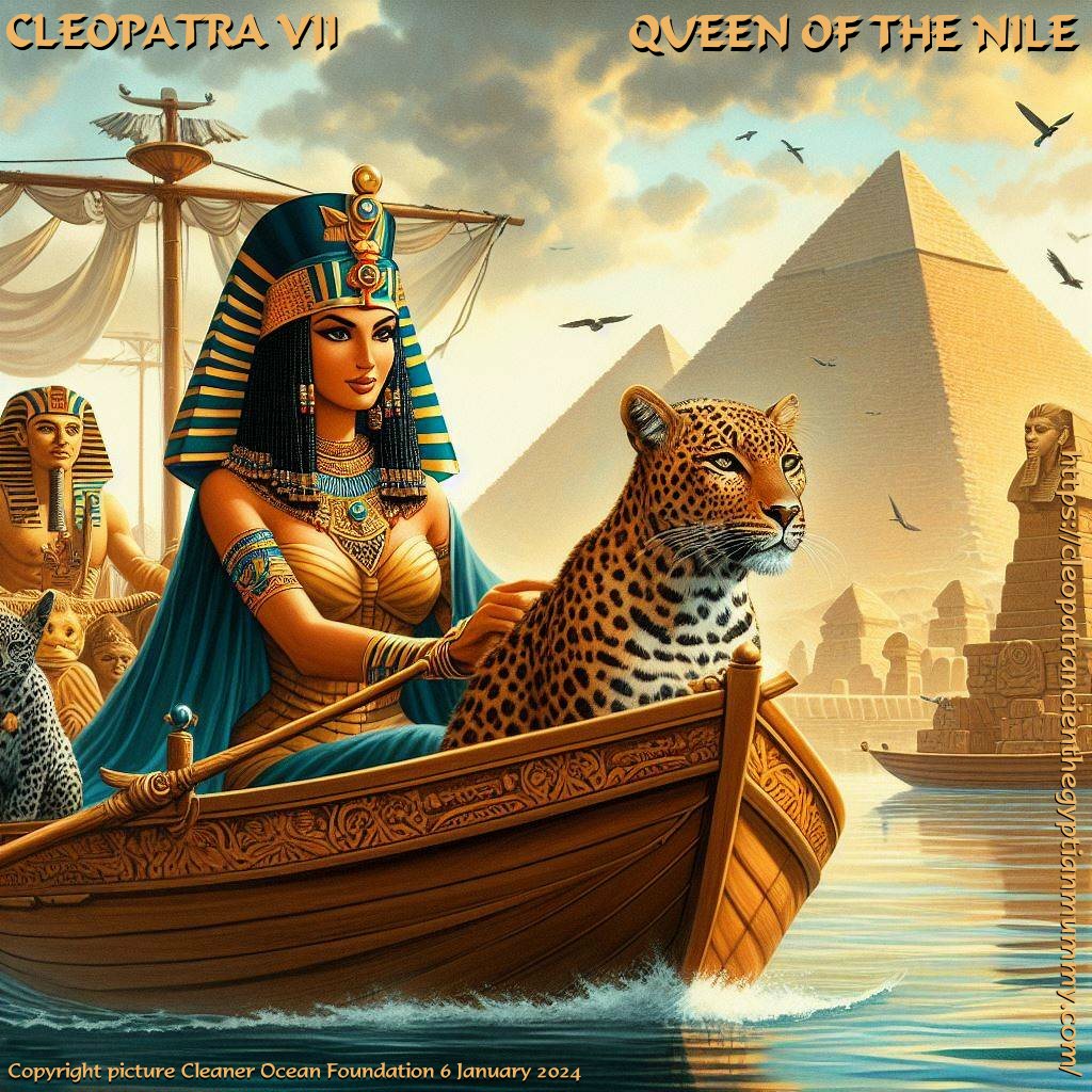 Cleopatra in a river boat, the Queen of the Nile, with a pet Leopard and the ancient Egyptian pyramids in the background