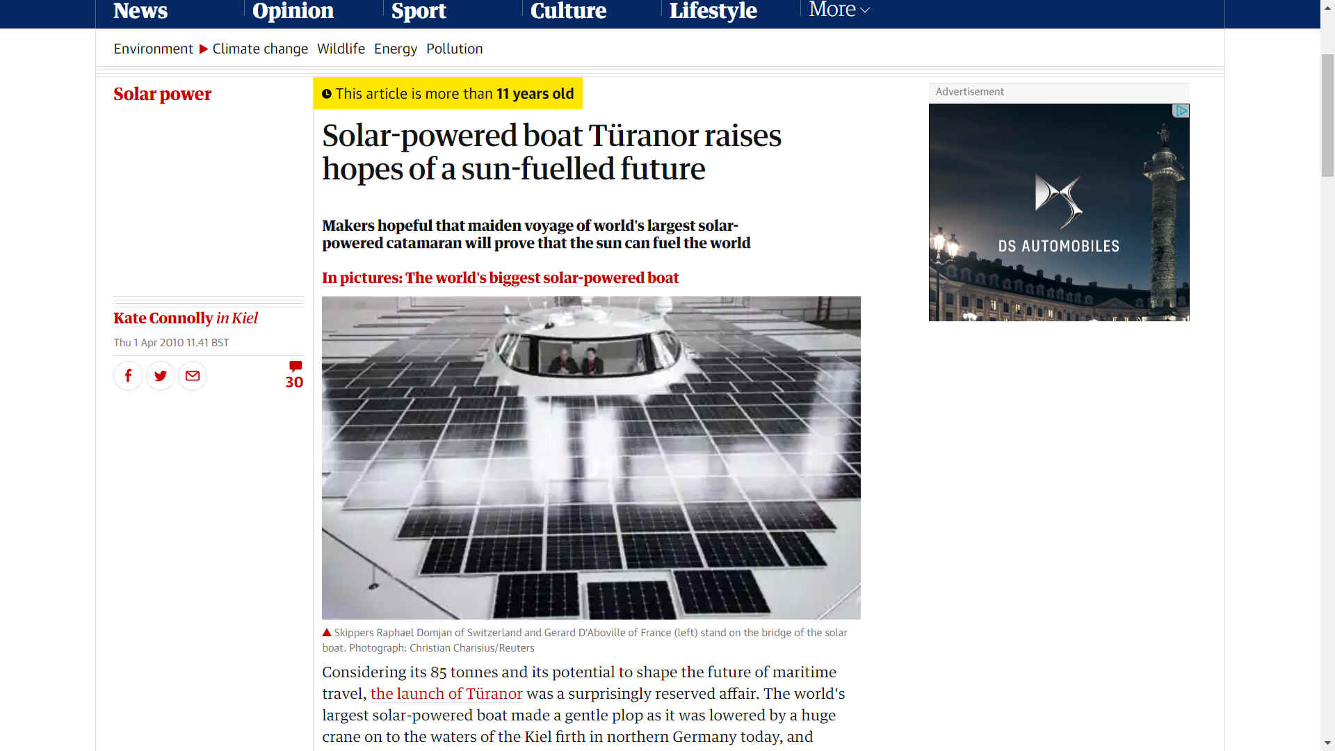 The Guardian 1st April 2010 launch of solar boat PlanetSolar Germany