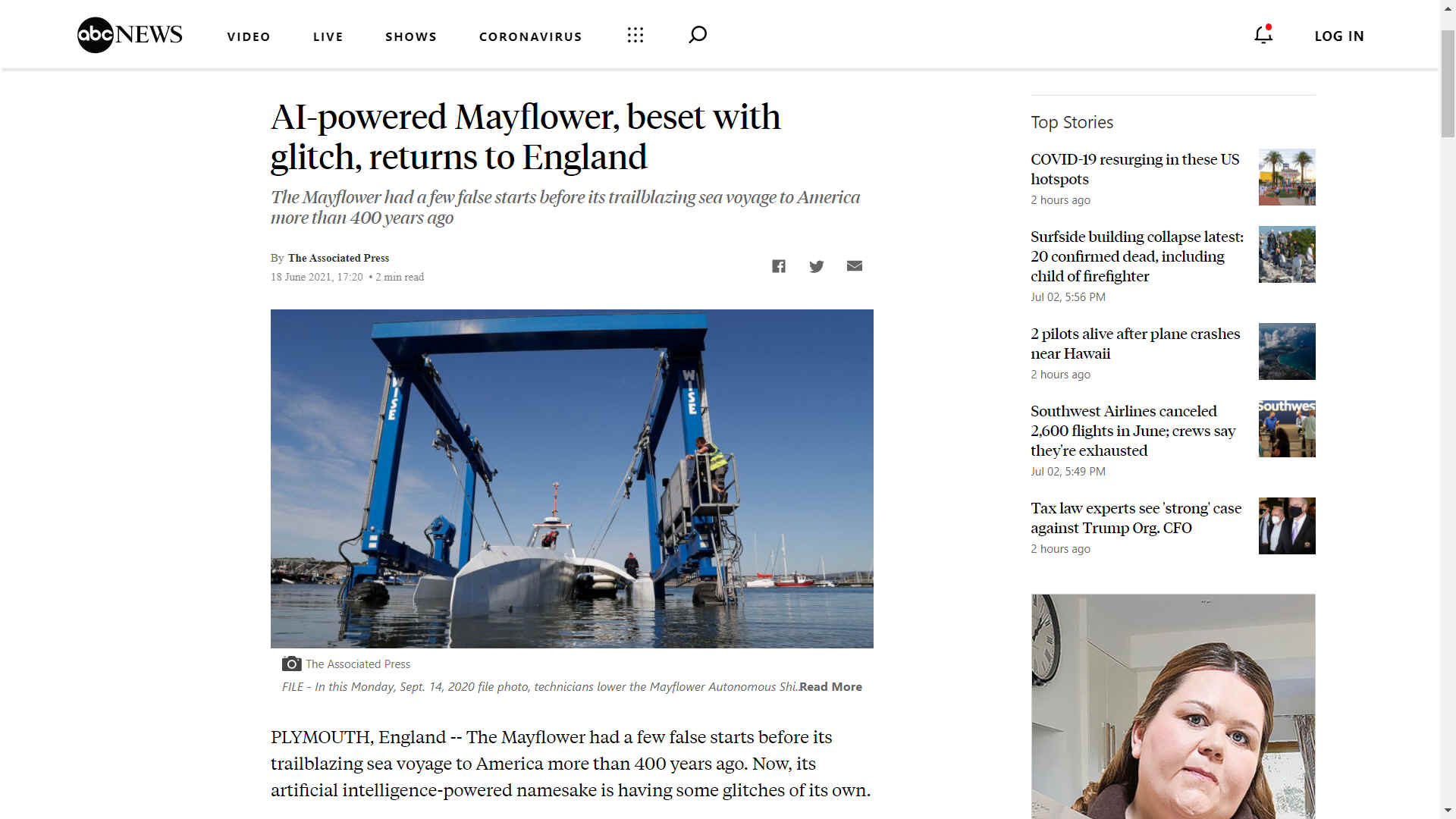 ABC news AI-powered Mayflower beset by glitch returns to England