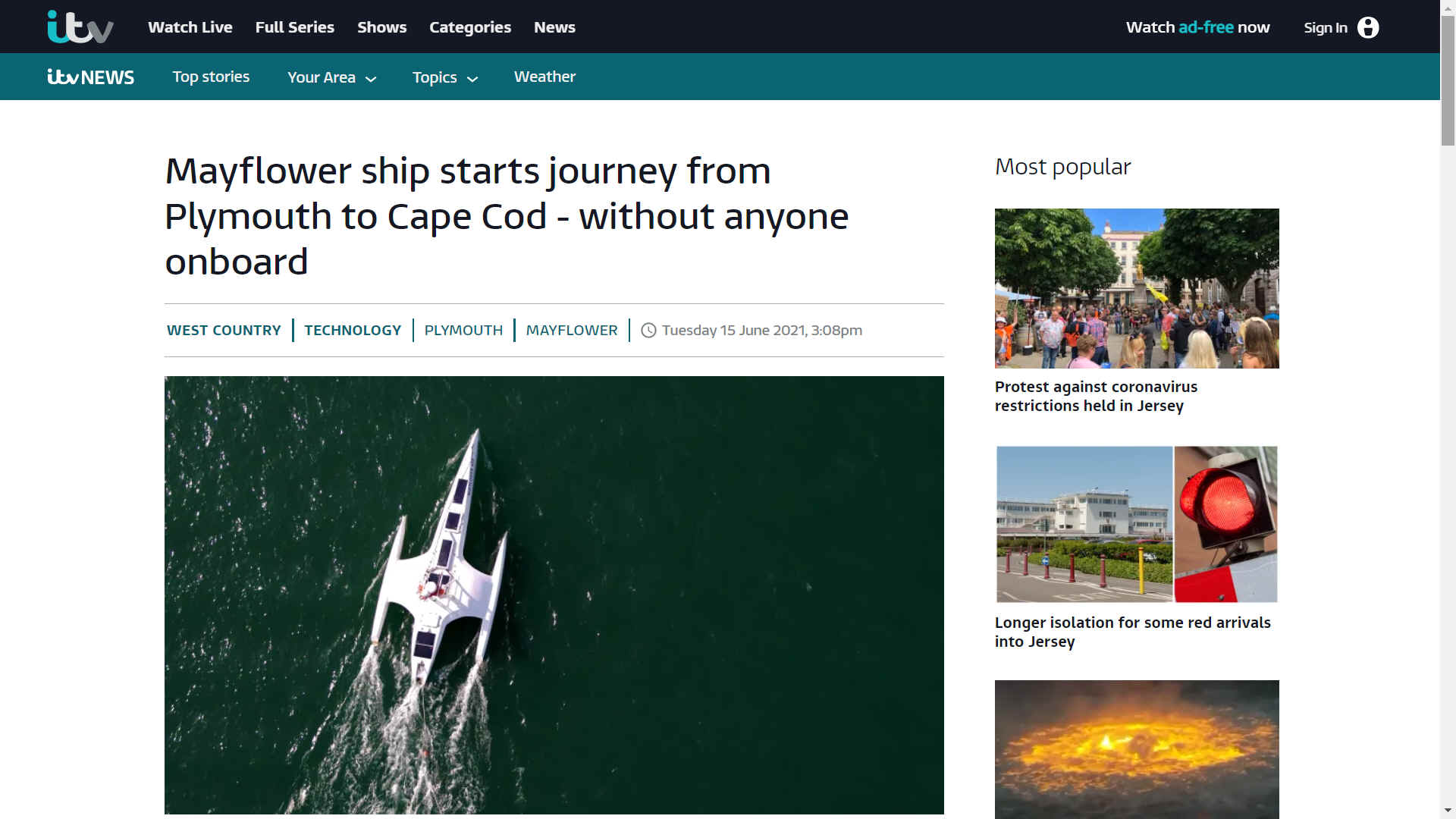 ITN News 15th July 2021 Mayflower ship starts journey from Plymouth to Cape Cod without anyone onboard