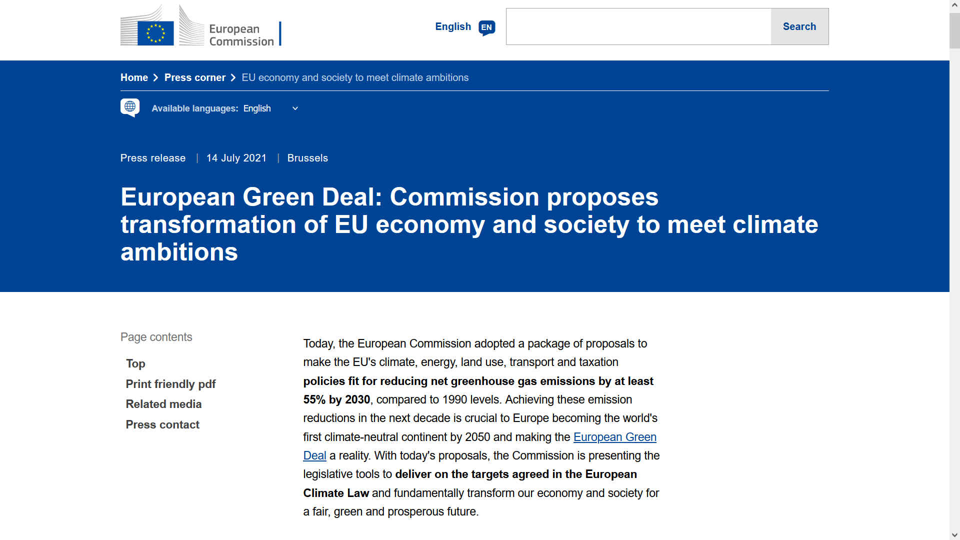 European Green Deal transformation proposals and ambitions