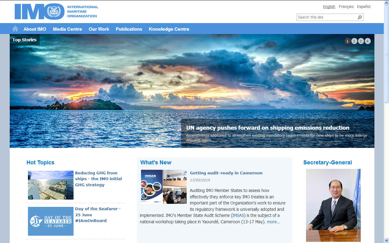 IMO's website frontpage - UN agency pushes for clean shipping